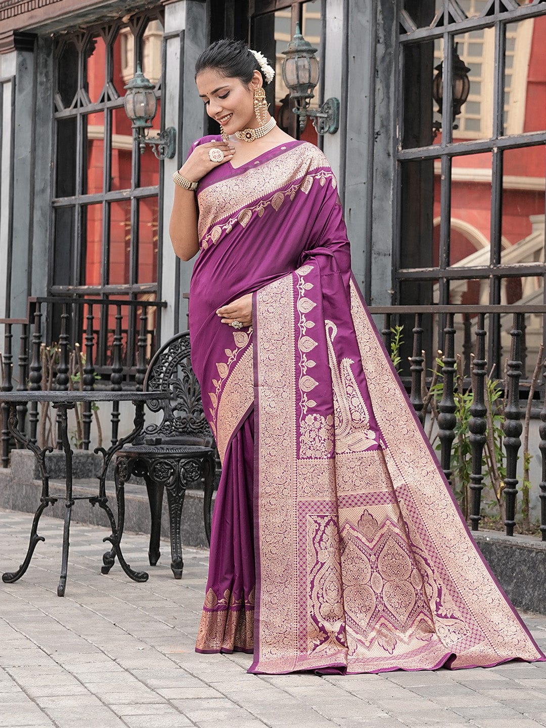 Varanga Purple Cotton Blend Banarasi Saree