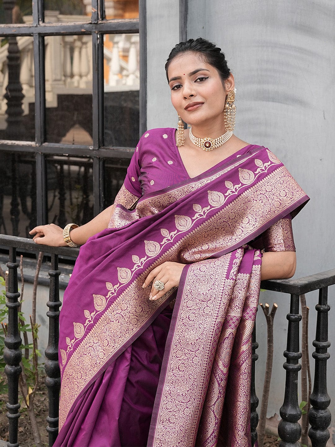 Varanga Purple Cotton Blend Banarasi Saree