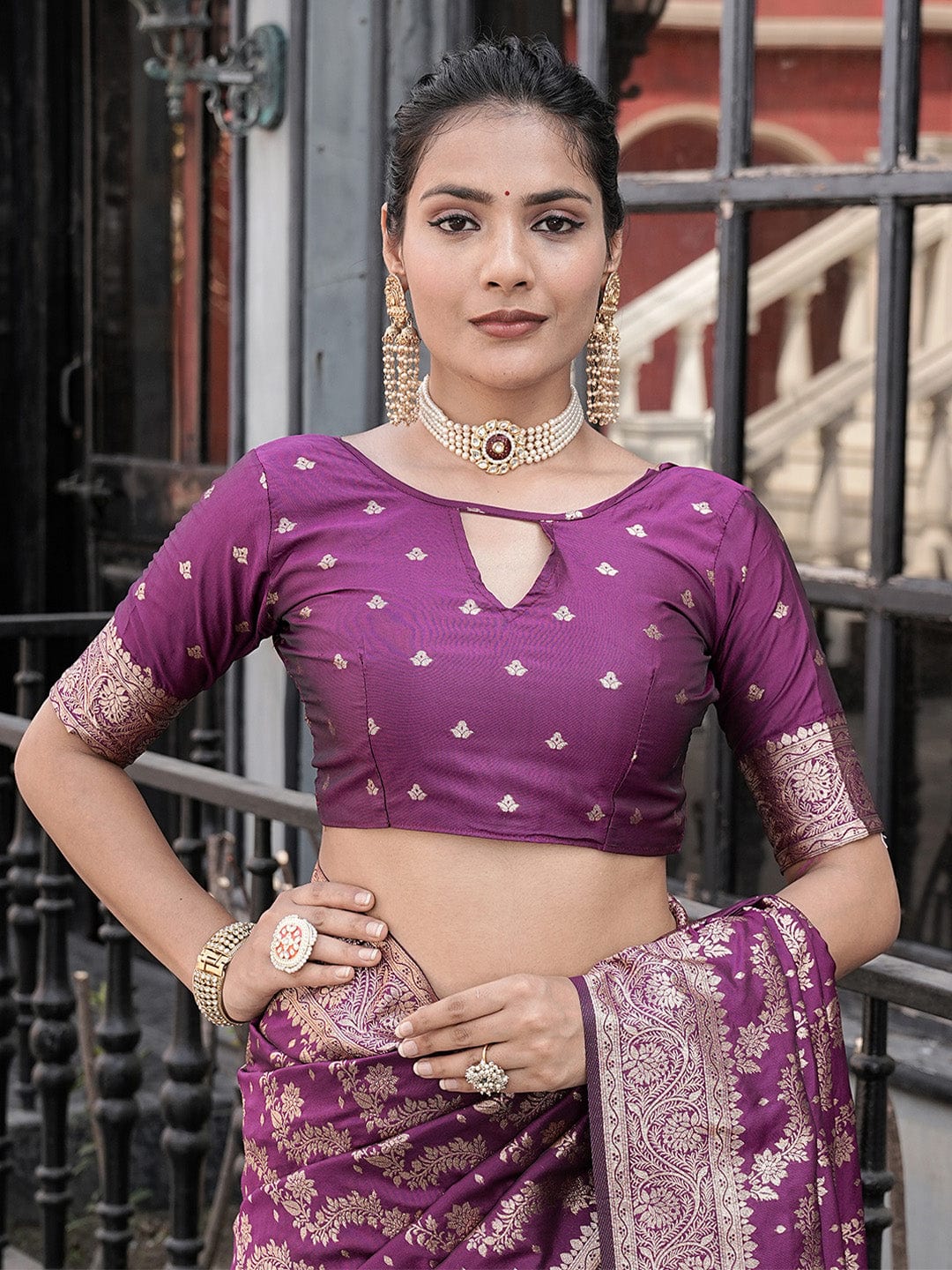 Varanga Purple Cotton Blend Banarasi Saree