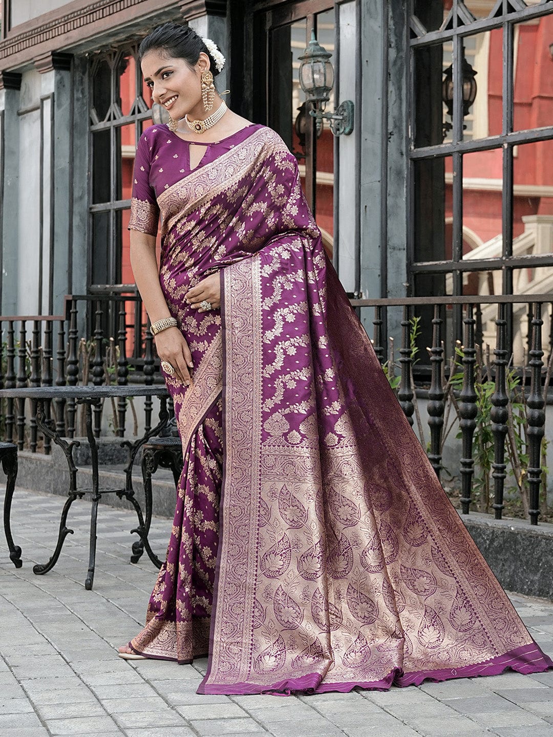 Varanga Purple Cotton Blend Banarasi Saree