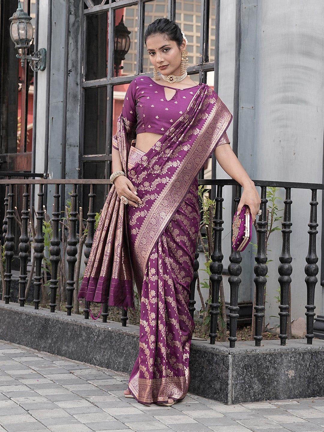 Varanga Purple Cotton Blend Banarasi Saree