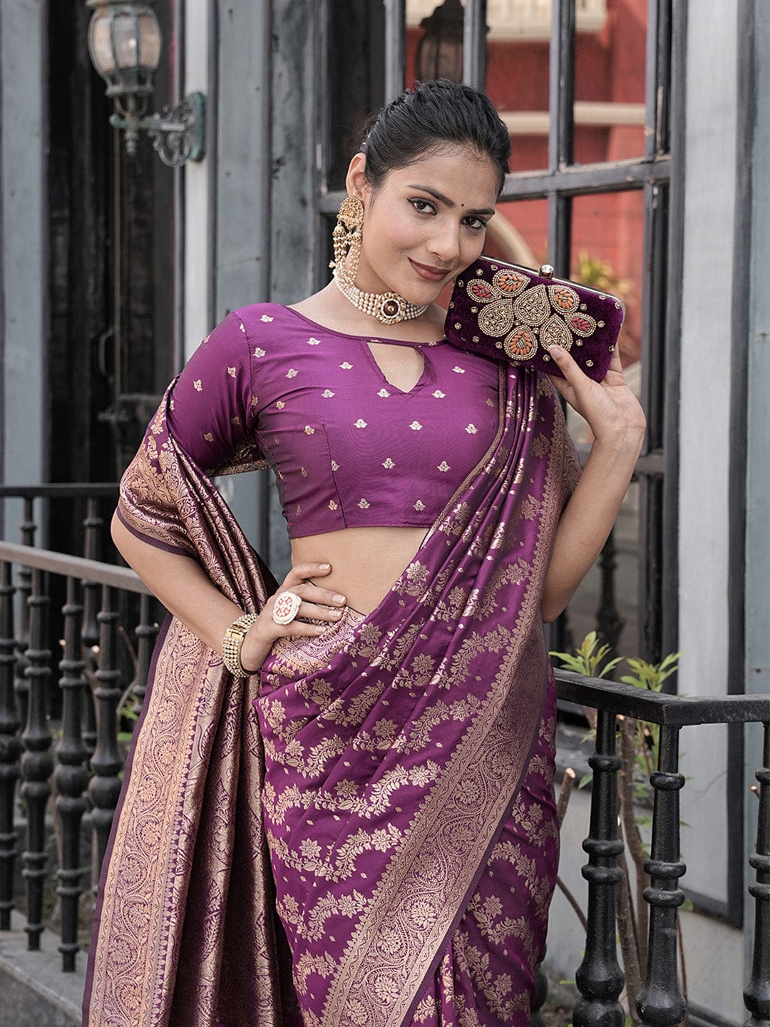 Varanga Purple Cotton Blend Banarasi Saree