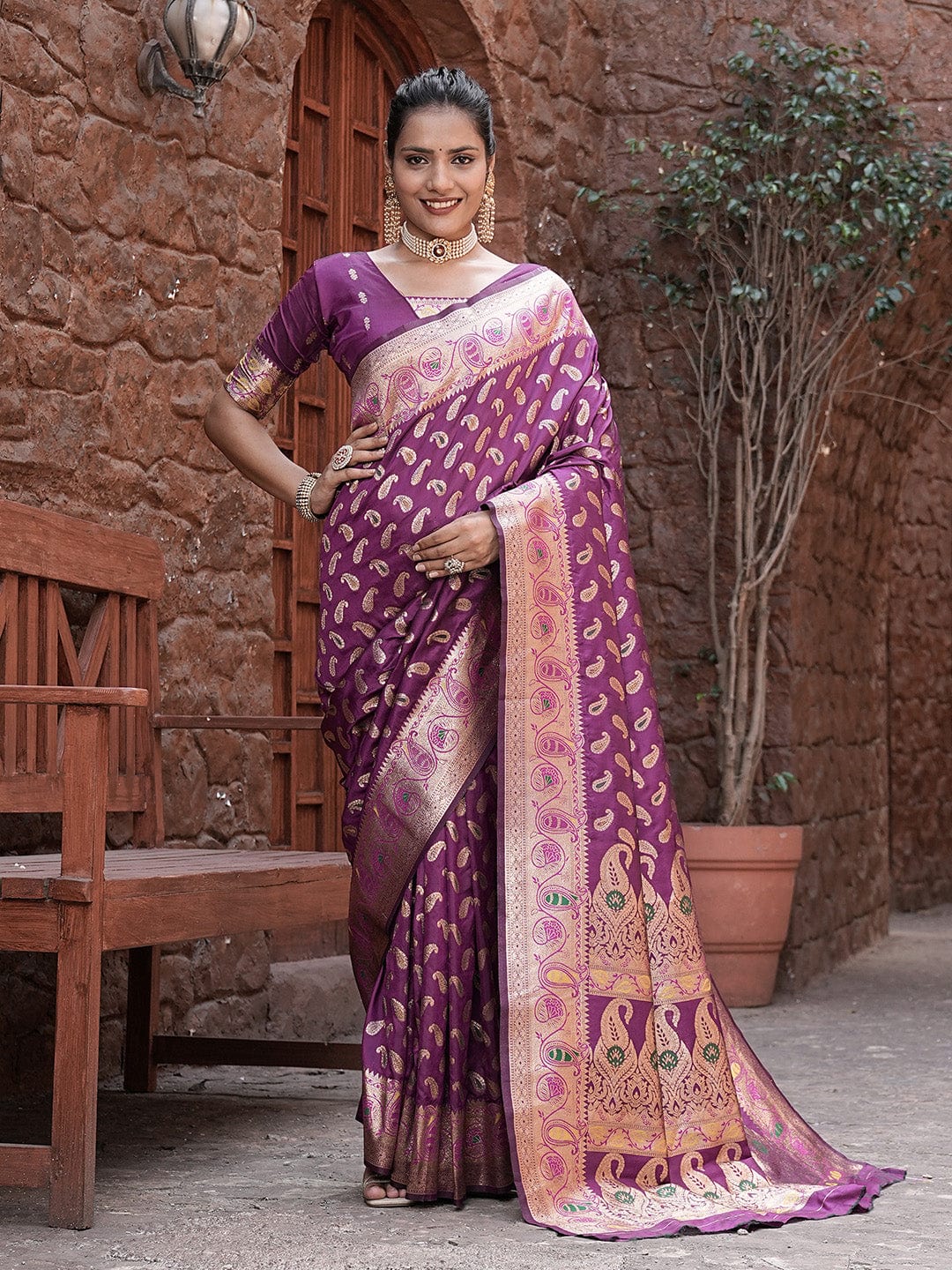Varanga Purple Cotton Blend Banarasi Saree