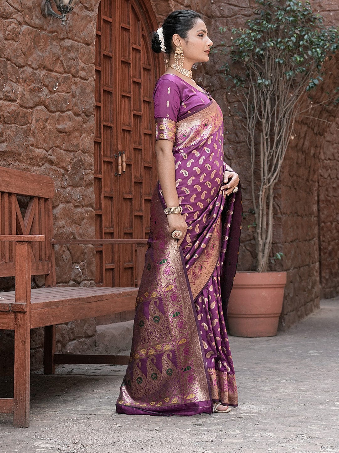 Varanga Purple Cotton Blend Banarasi Saree