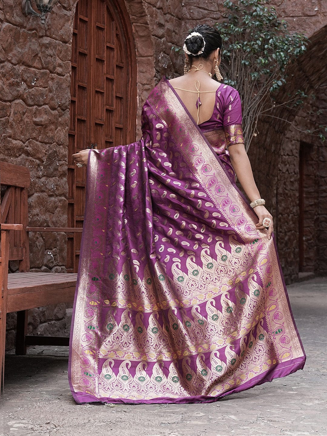 Varanga Purple Cotton Blend Banarasi Saree