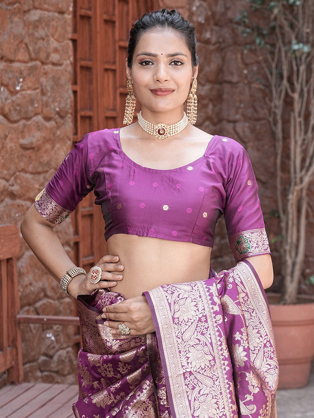 Varanga Purple Cotton Blend Banarasi Saree