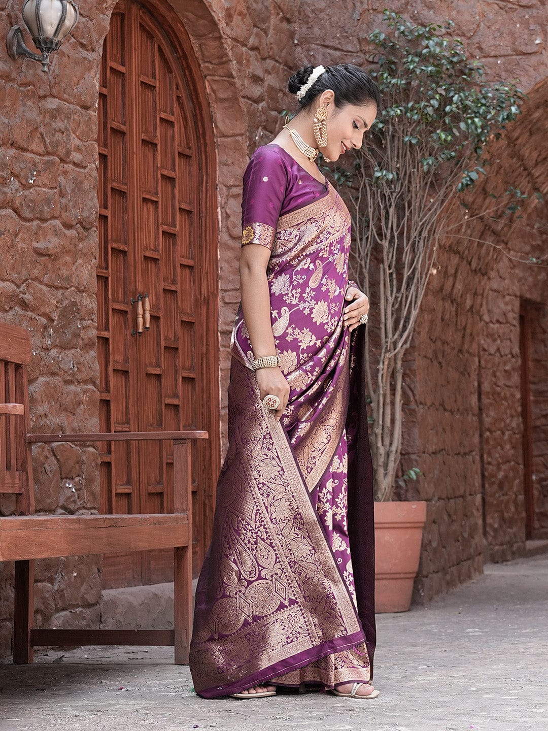 Varanga Purple Cotton Blend Banarasi Saree