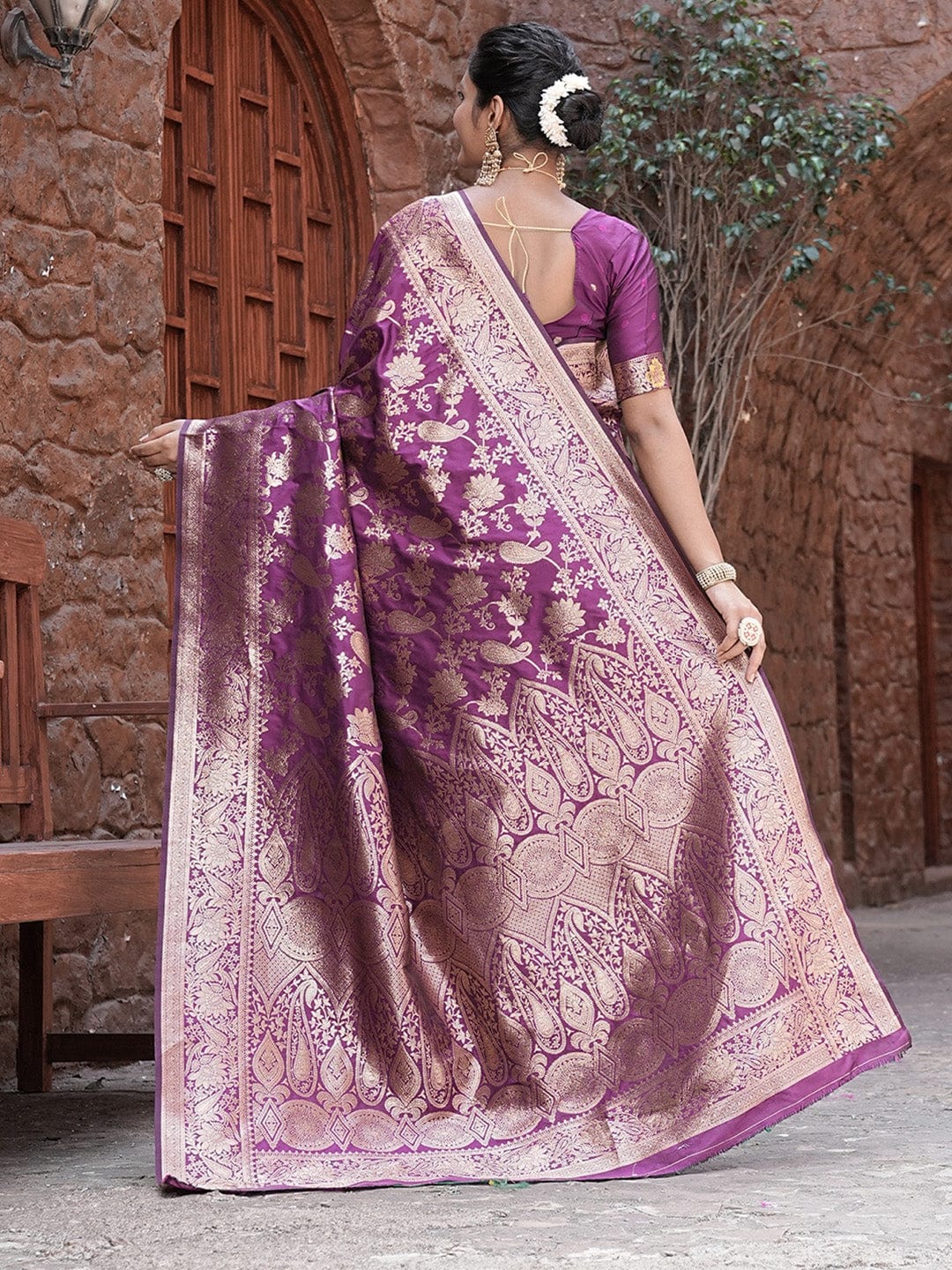 Varanga Purple Cotton Blend Banarasi Saree