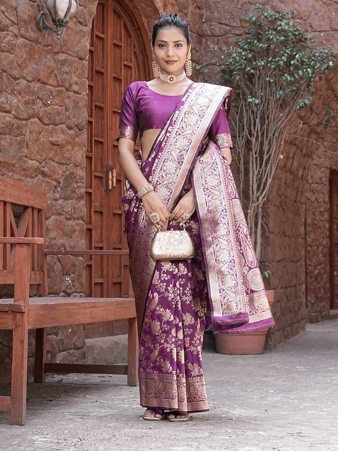 Varanga Purple Cotton Blend Banarasi Saree