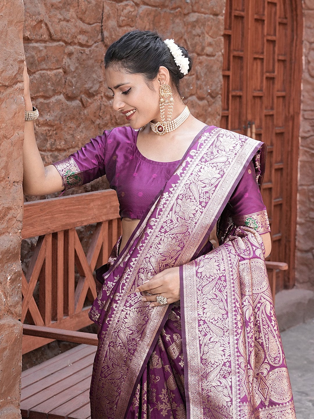 Varanga Purple Cotton Blend Banarasi Saree