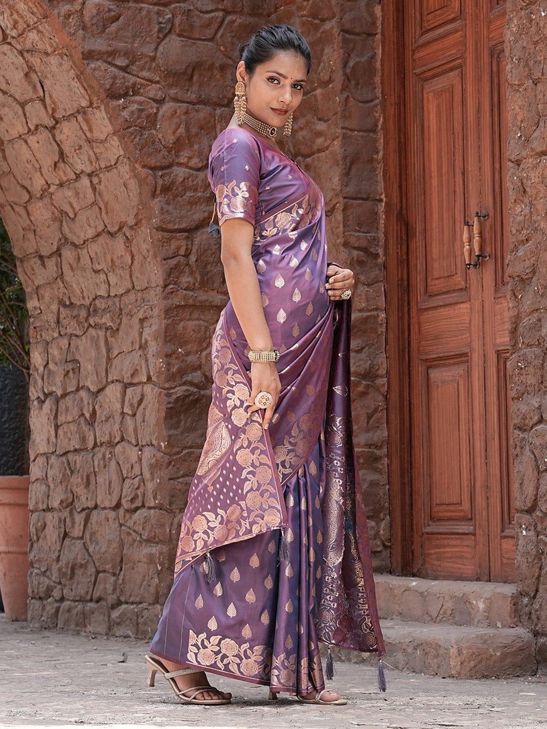 Varanga Purple Cotton Blend Banarasi Saree