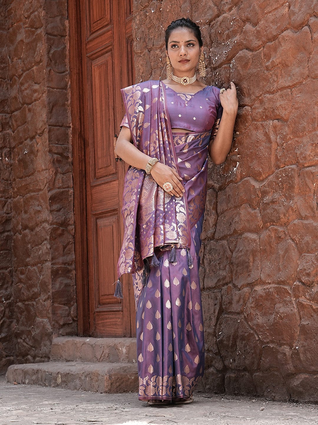 Varanga Purple Cotton Blend Banarasi Saree