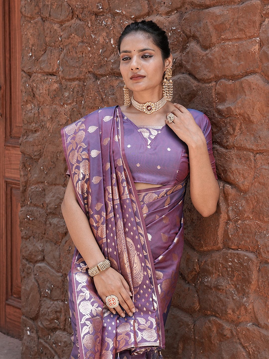Varanga Purple Cotton Blend Banarasi Saree