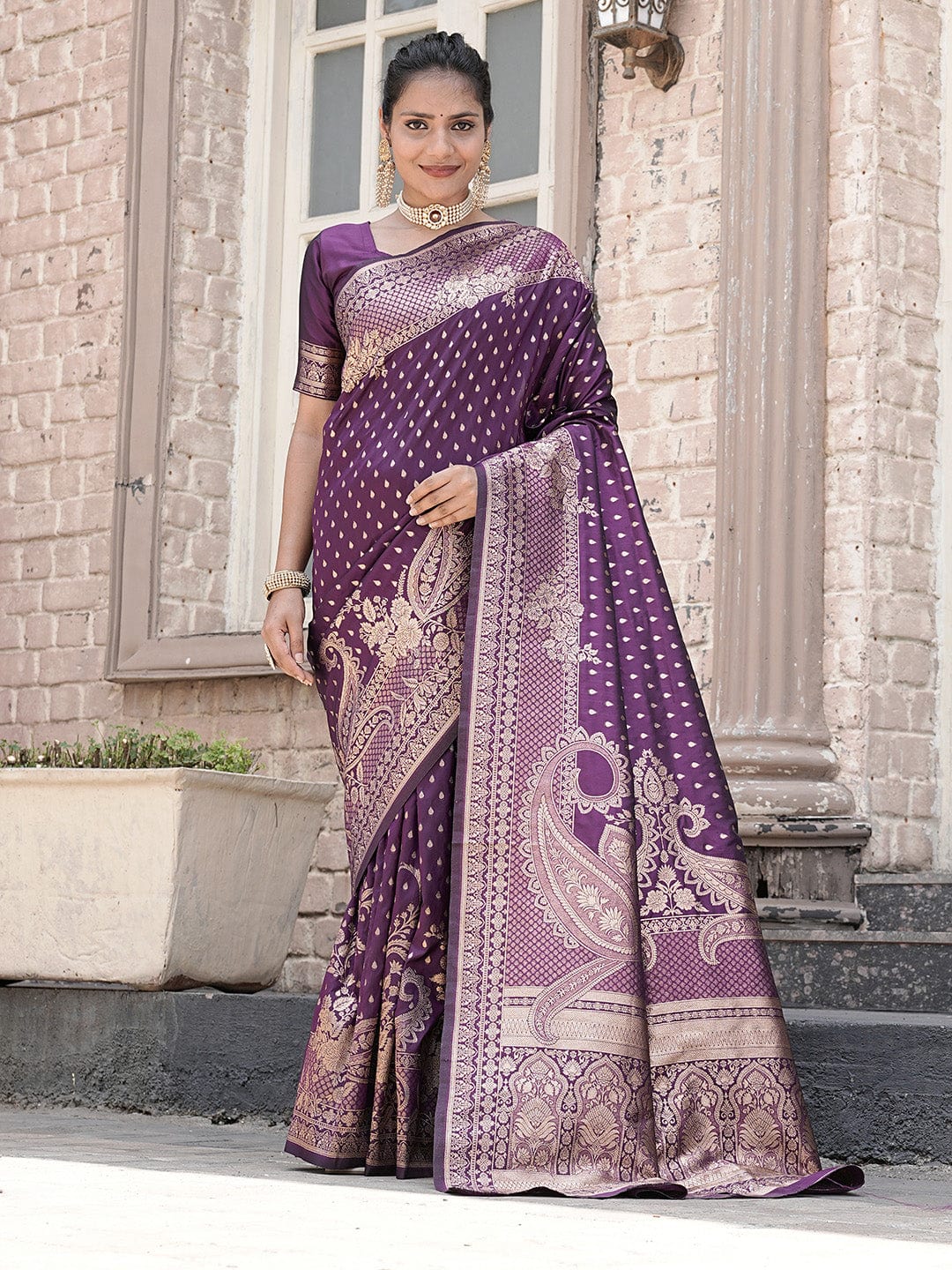 Varanga Purple Cotton Blend Banarasi Saree