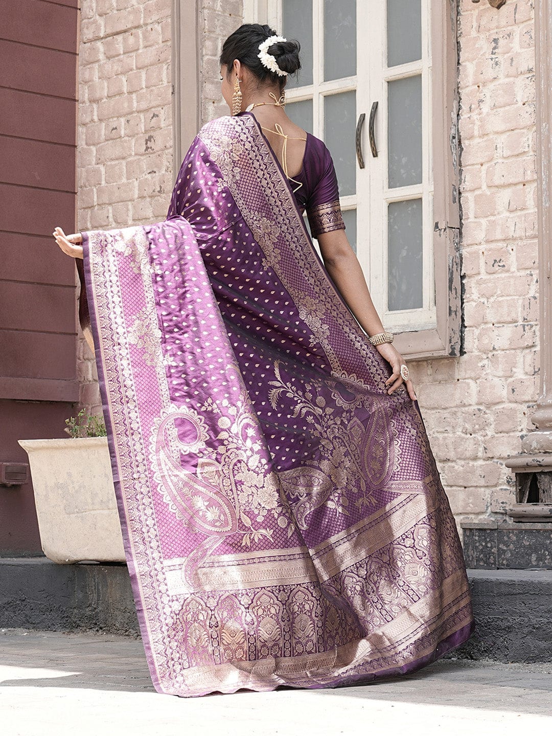 Varanga Purple Cotton Blend Banarasi Saree