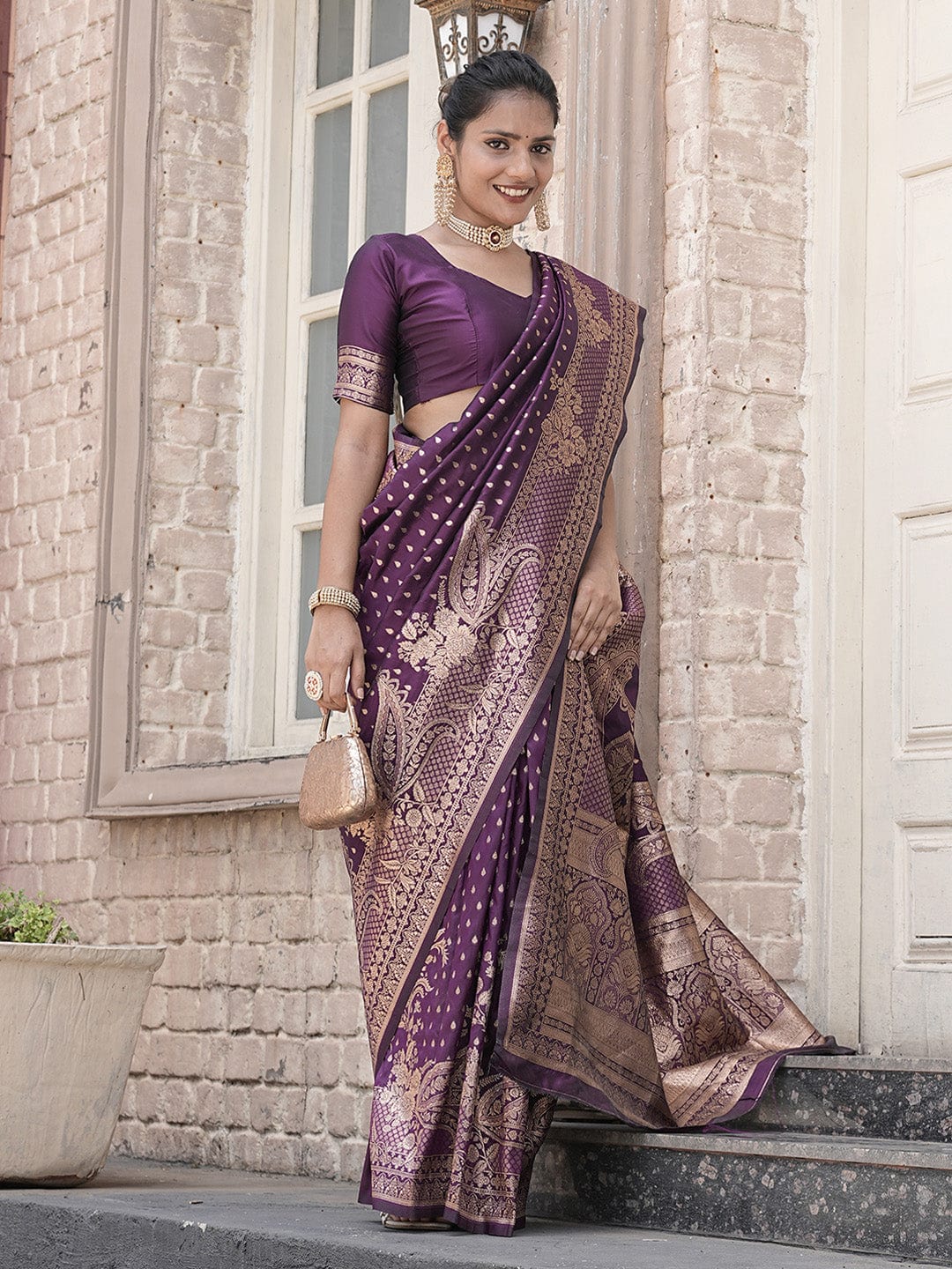 Varanga Purple Cotton Blend Banarasi Saree