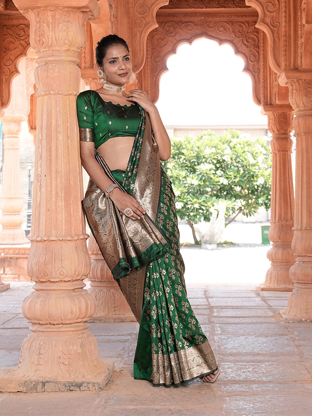 Varanga Green Cotton Blend Banarasi Saree