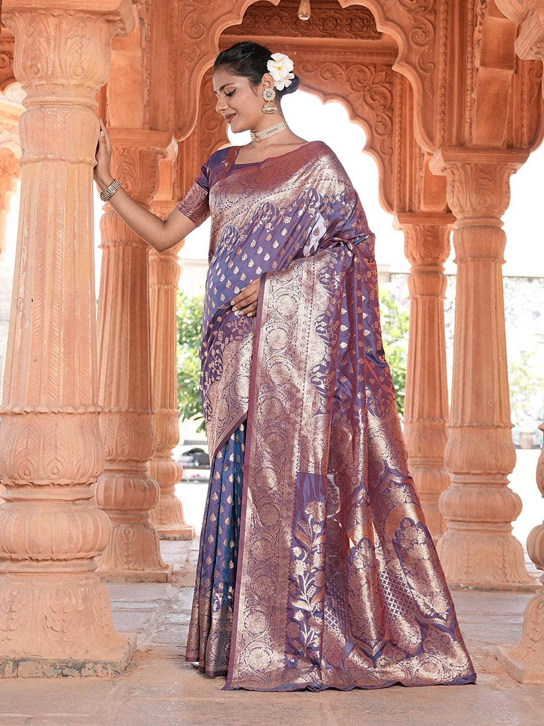 Varanga Purple Cotton Blend Banarasi Saree