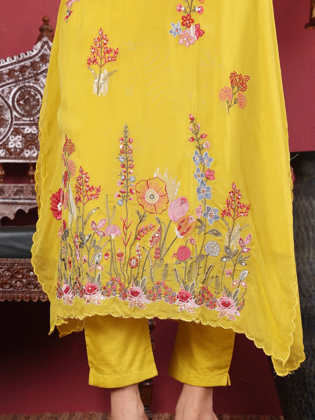 Varanga Yellow Floral Embroidered Mandarin Collar Thread Work Kaftan Kurta with Trousers