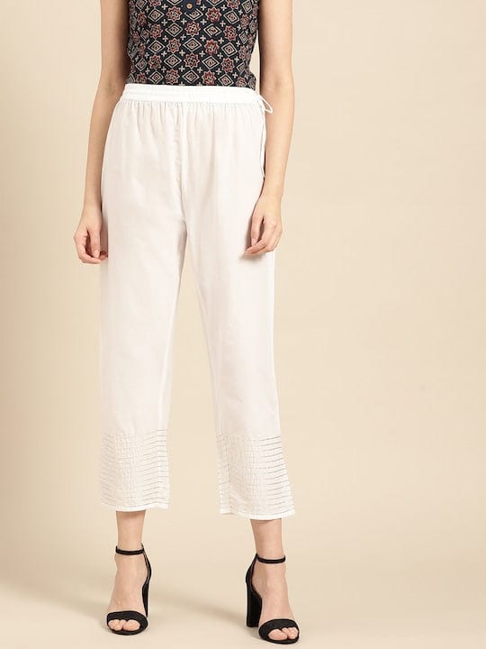 Varanga Women White Gotta Hem Design Straight Cropped Trousers