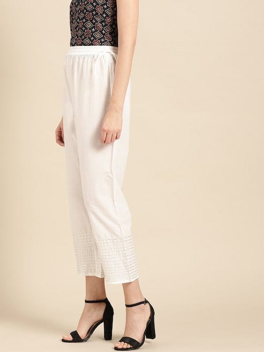 Varanga Women White Gotta Hem Design Straight Cropped Trousers