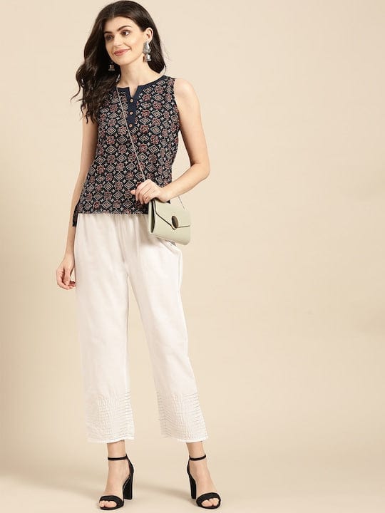 Varanga Women White Gotta Hem Design Straight Cropped Trousers