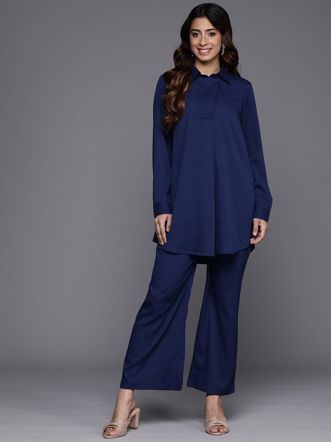 Varanga Women Blue Shirt Collar Co-Ord Set