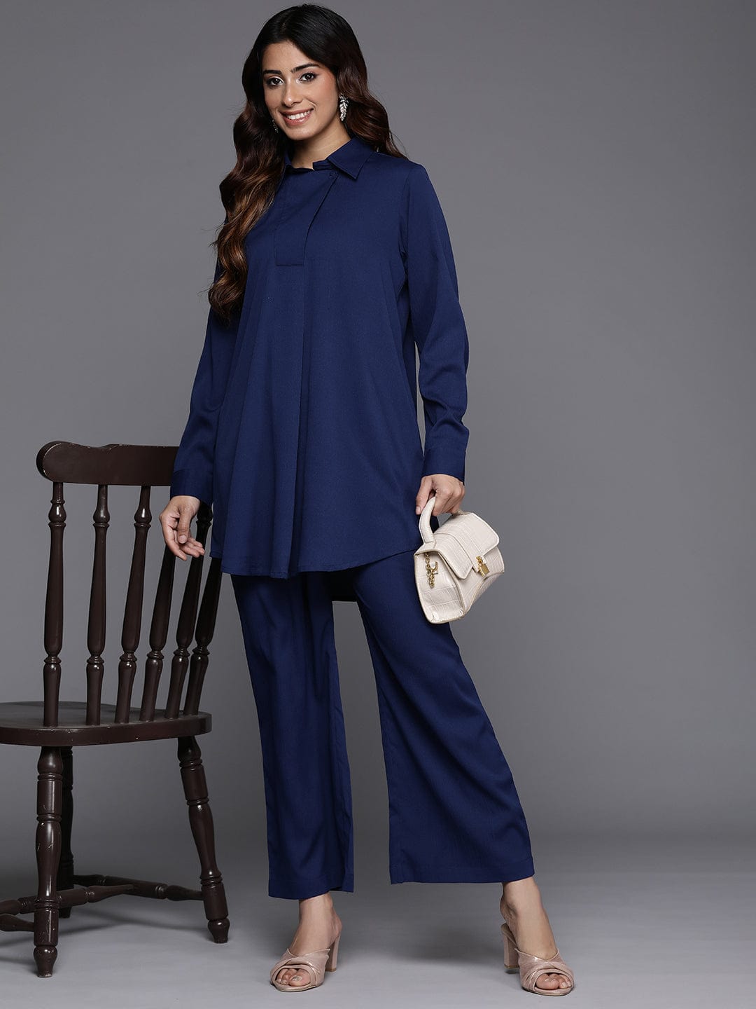 Varanga Women Blue Shirt Collar Co-Ord Set