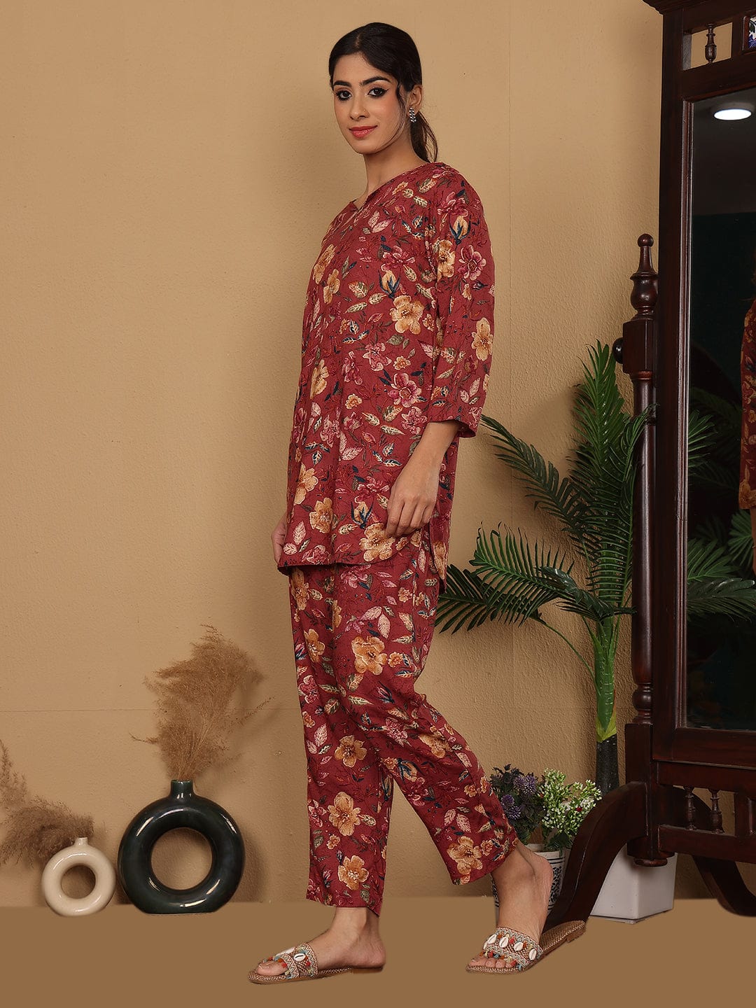 Varanga Women Wine Floral Foil Printed Co-Ord Set
