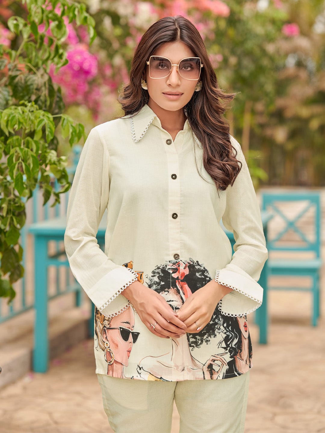 Varanga Women Modern Printed Apple Hem Shirt with Trouser