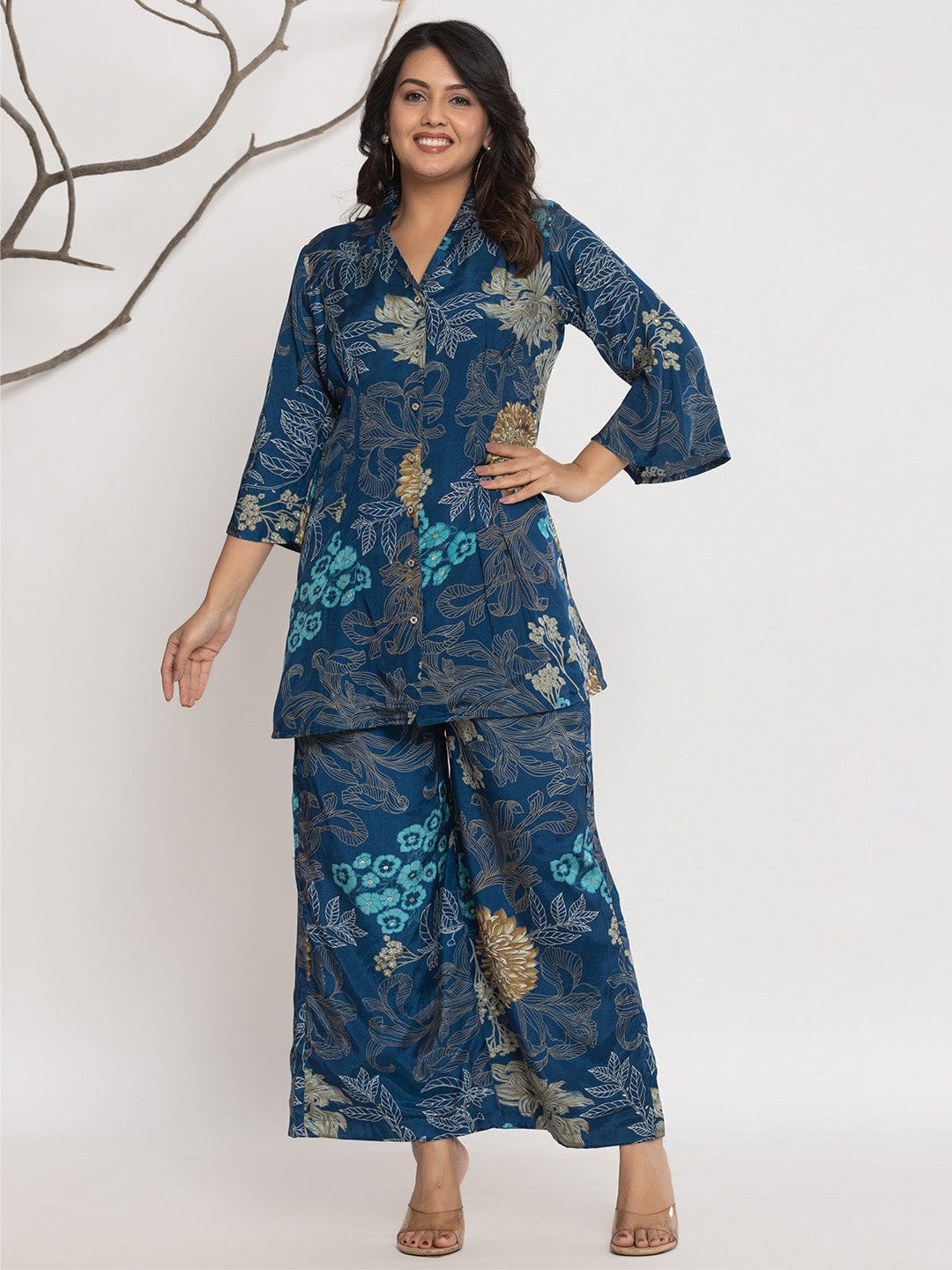 Varanga Women Floral Printed Front Placket Shirt with Flared Palazzo