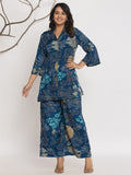 Varanga Women Floral Printed Front Placket Shirt with Flared Palazzo