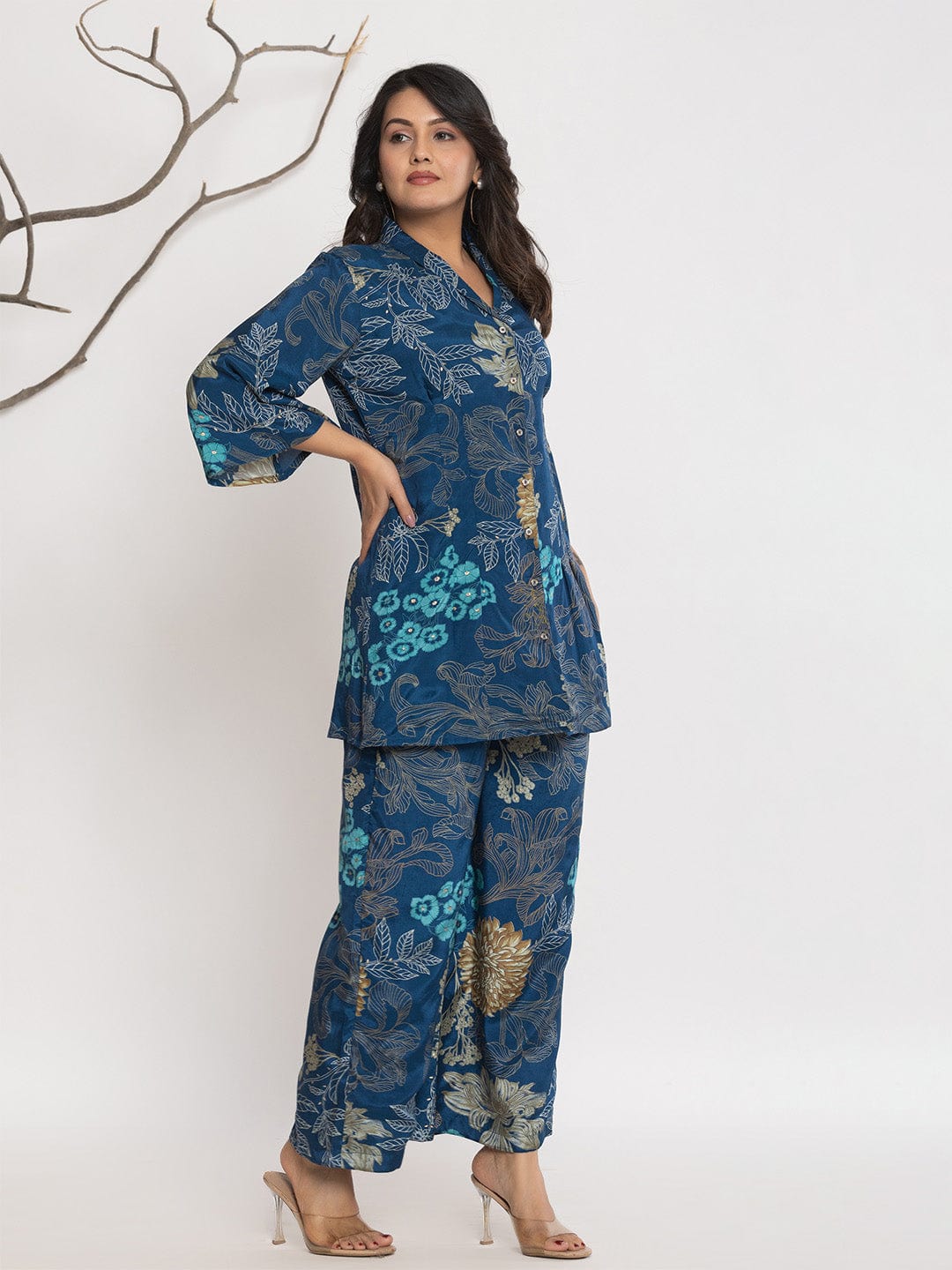 Varanga Women Floral Printed Front Placket Shirt with Flared Palazzo