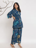 Varanga Women Floral Printed Front Placket Shirt with Flared Palazzo