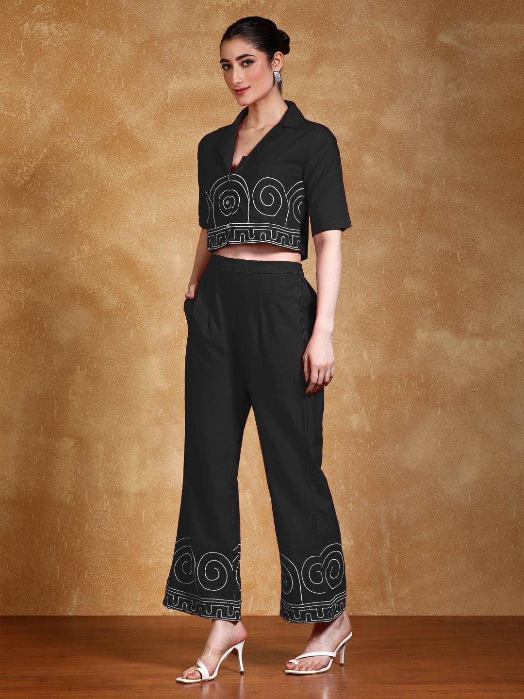 Thread embroidered crop shirt with trouser