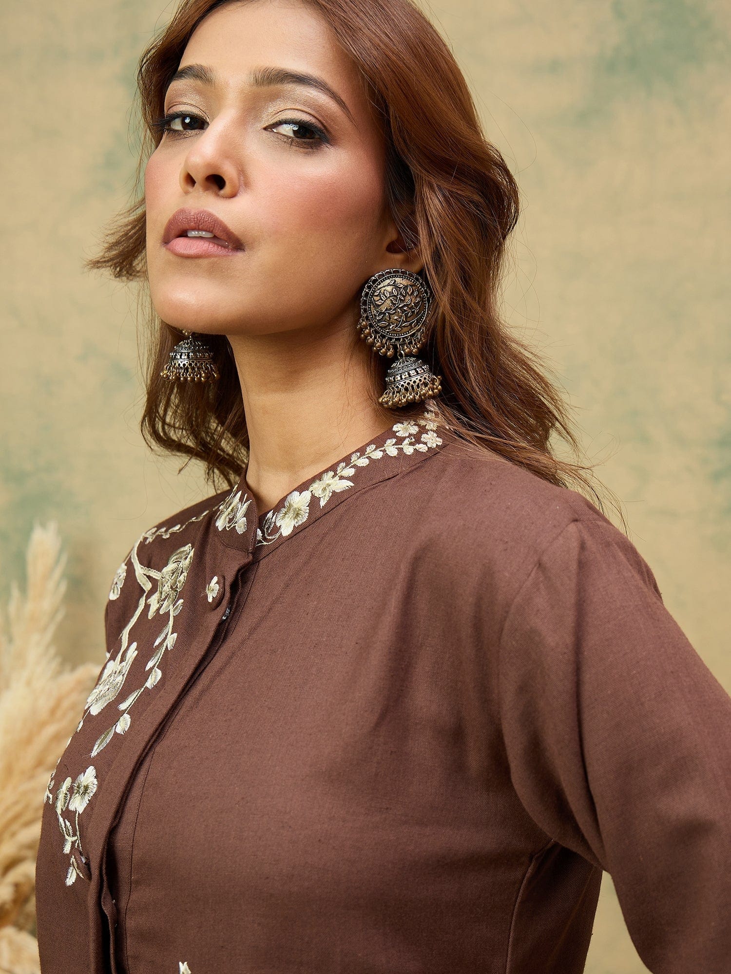 Varanga Women Elegant Brown Co-Ord Set Featuring Thread Embroidery , Paired With Ankle-Length Trousers For A Chic, Coordinated Look.