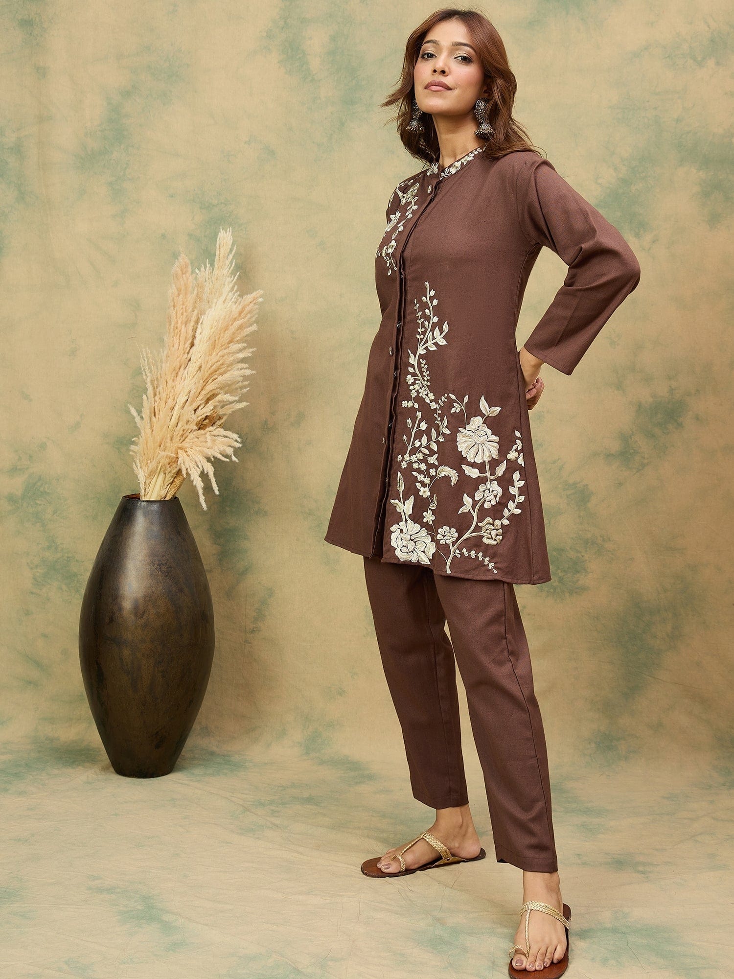 Varanga Women Elegant Brown Co-Ord Set Featuring Thread Embroidery , Paired With Ankle-Length Trousers For A Chic, Coordinated Look.