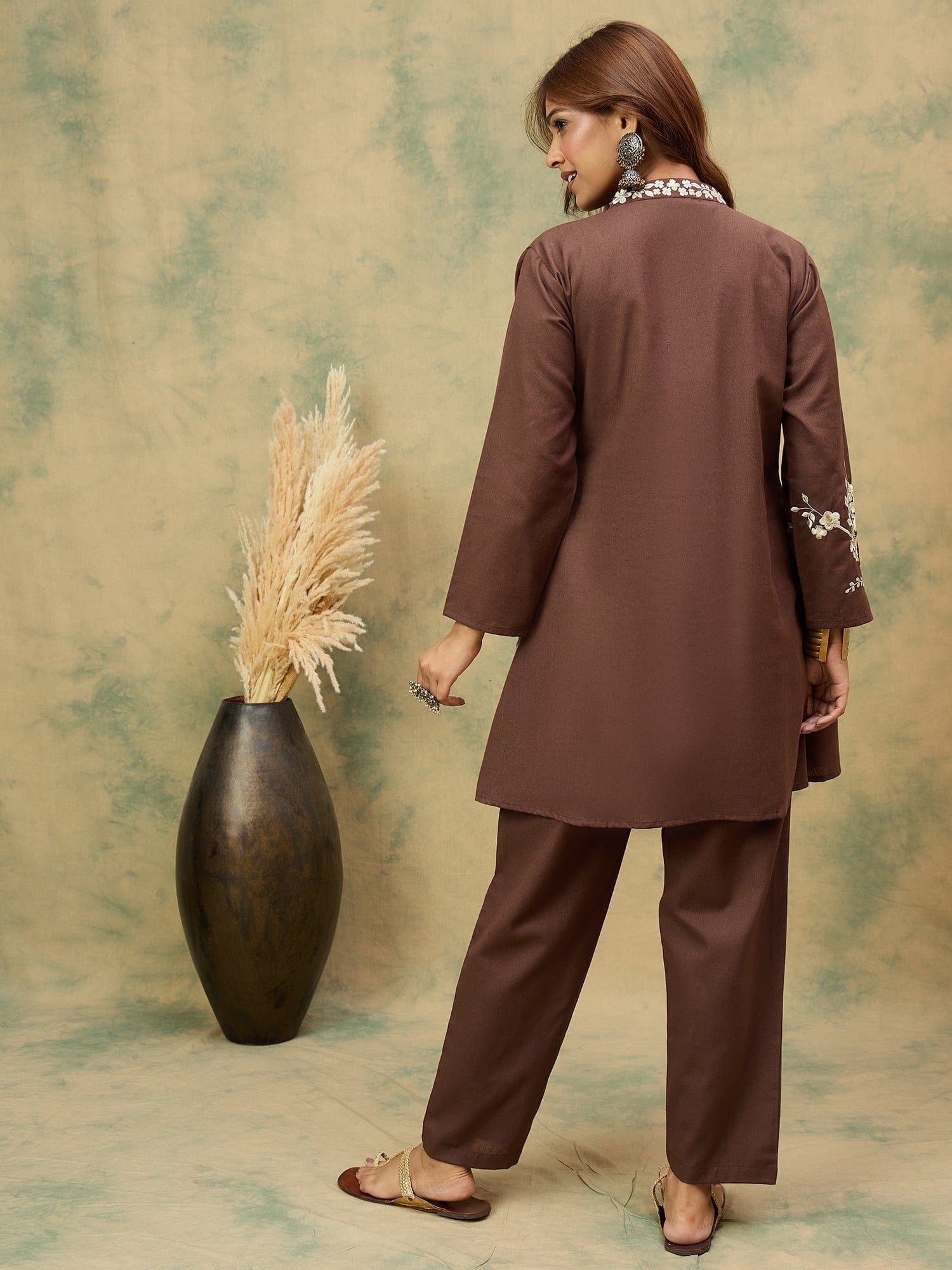 Varanga Women Elegant Brown Co-Ord Set Featuring Thread Embroidery , Paired With Ankle-Length Trousers For A Chic, Coordinated Look.