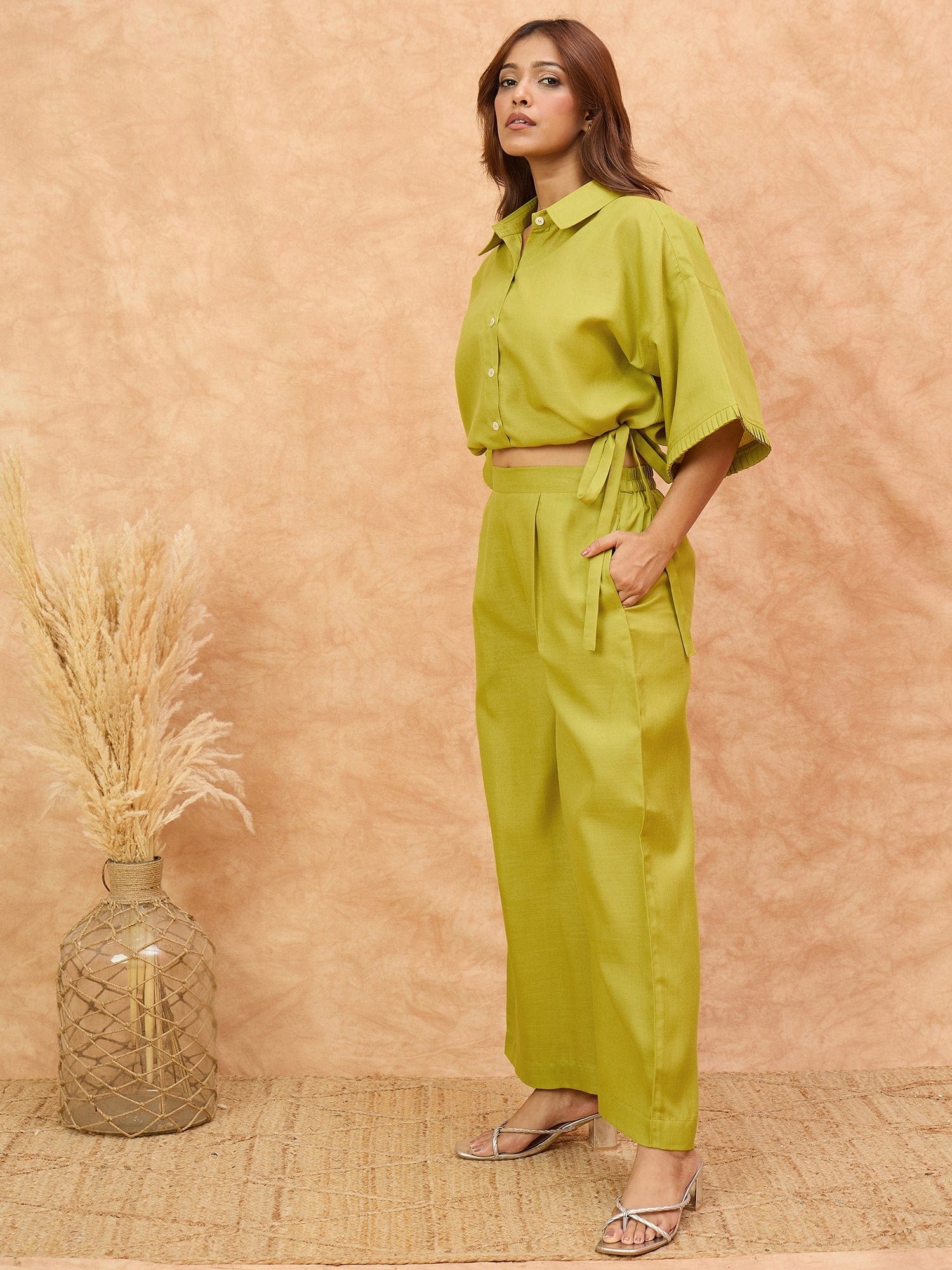 Varanga Women Solid Co Ords Set With A Drawstring Crop Shirt And Easy Fit Trouser . Simple , Sleek , Statement.