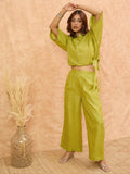 Varanga Women Solid Co Ords Set With A Drawstring Crop Shirt And Easy Fit Trouser . Simple , Sleek , Statement.