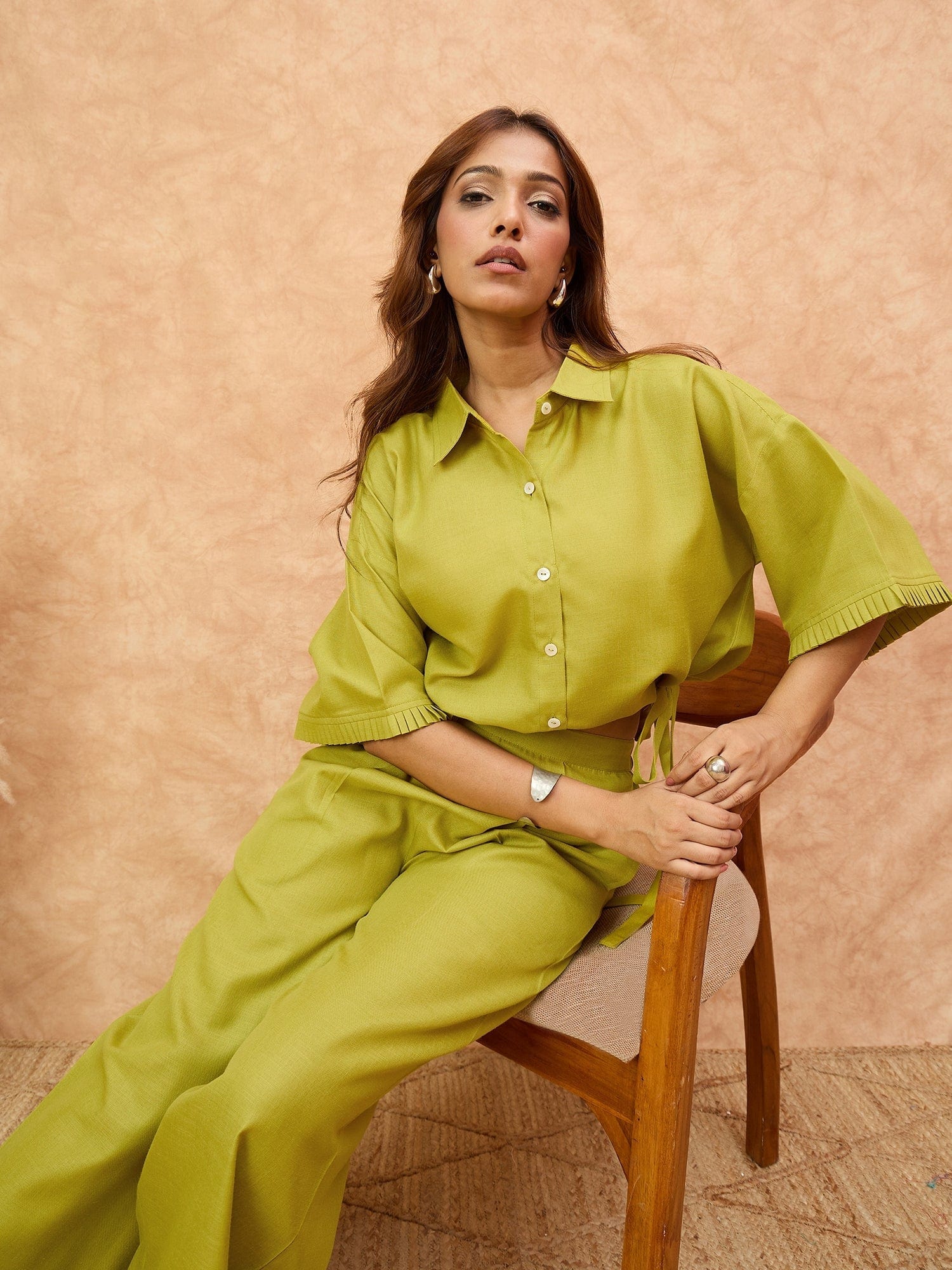 Varanga Women Solid Co Ords Set With A Drawstring Crop Shirt And Easy Fit Trouser . Simple , Sleek , Statement.