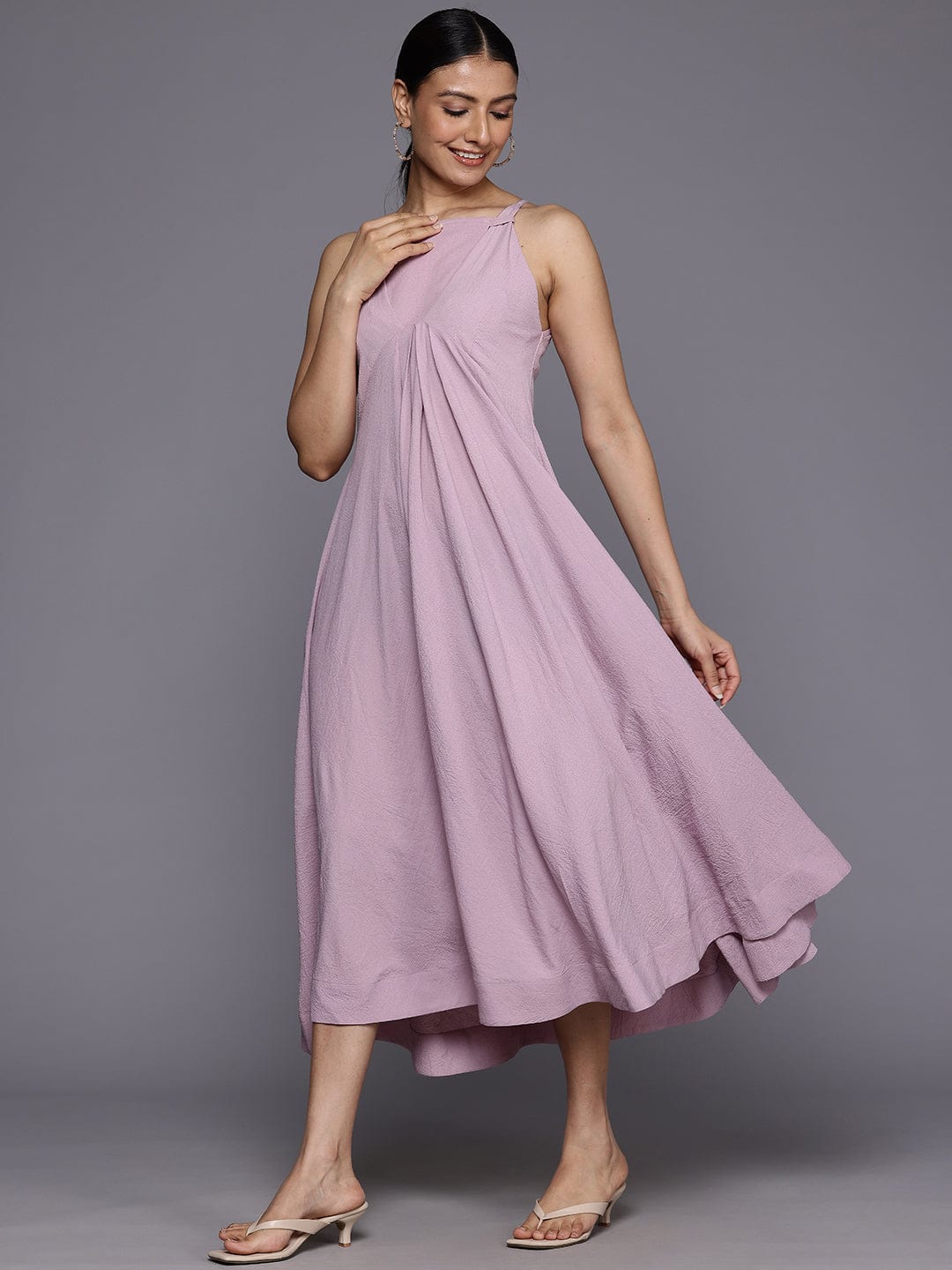 Varanga Women Lavender Gathered Dress With Detachable Gusset