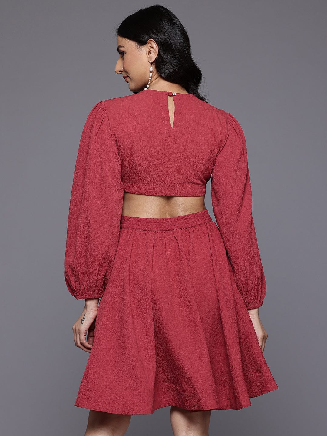 Varanga Women Rust Round Neck,  Cut-Out  Detail On Waist, Knee Length Dress