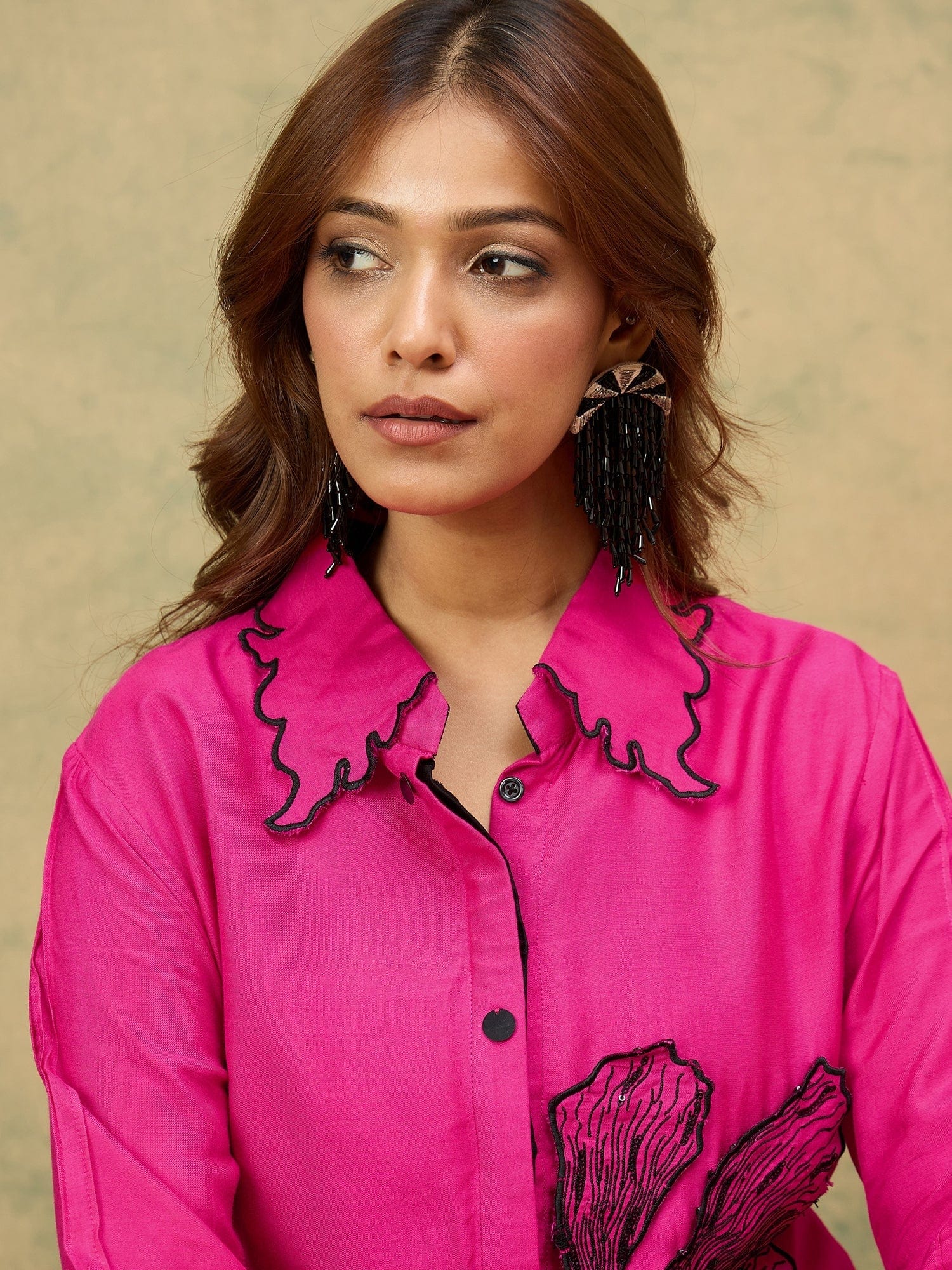 Pink A-Line Dress With A Shirt Collar And Thread Embroidery, Blending Comfort And Elegance For Any Occasion.