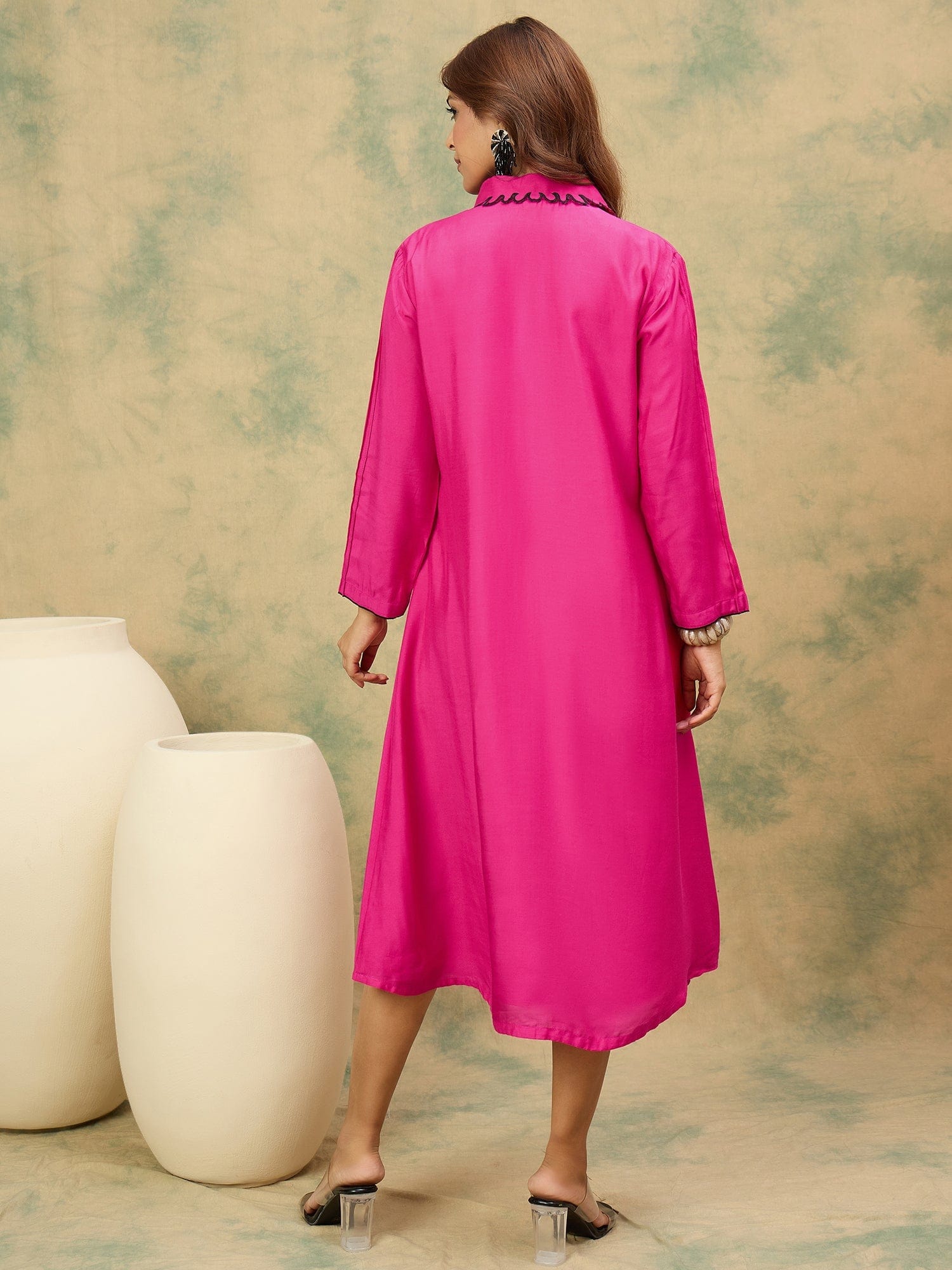 Pink A-Line Dress With A Shirt Collar And Thread Embroidery, Blending Comfort And Elegance For Any Occasion.