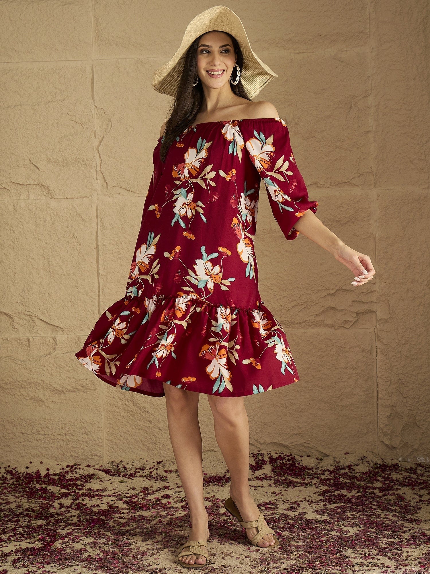 A Bold Floral-Printed Knee-Length Dress With An Elasticated Off-Shoulder Neckline And Balloon Sleeves Perfect For Turning Heads From Brunch To Evening Outings.