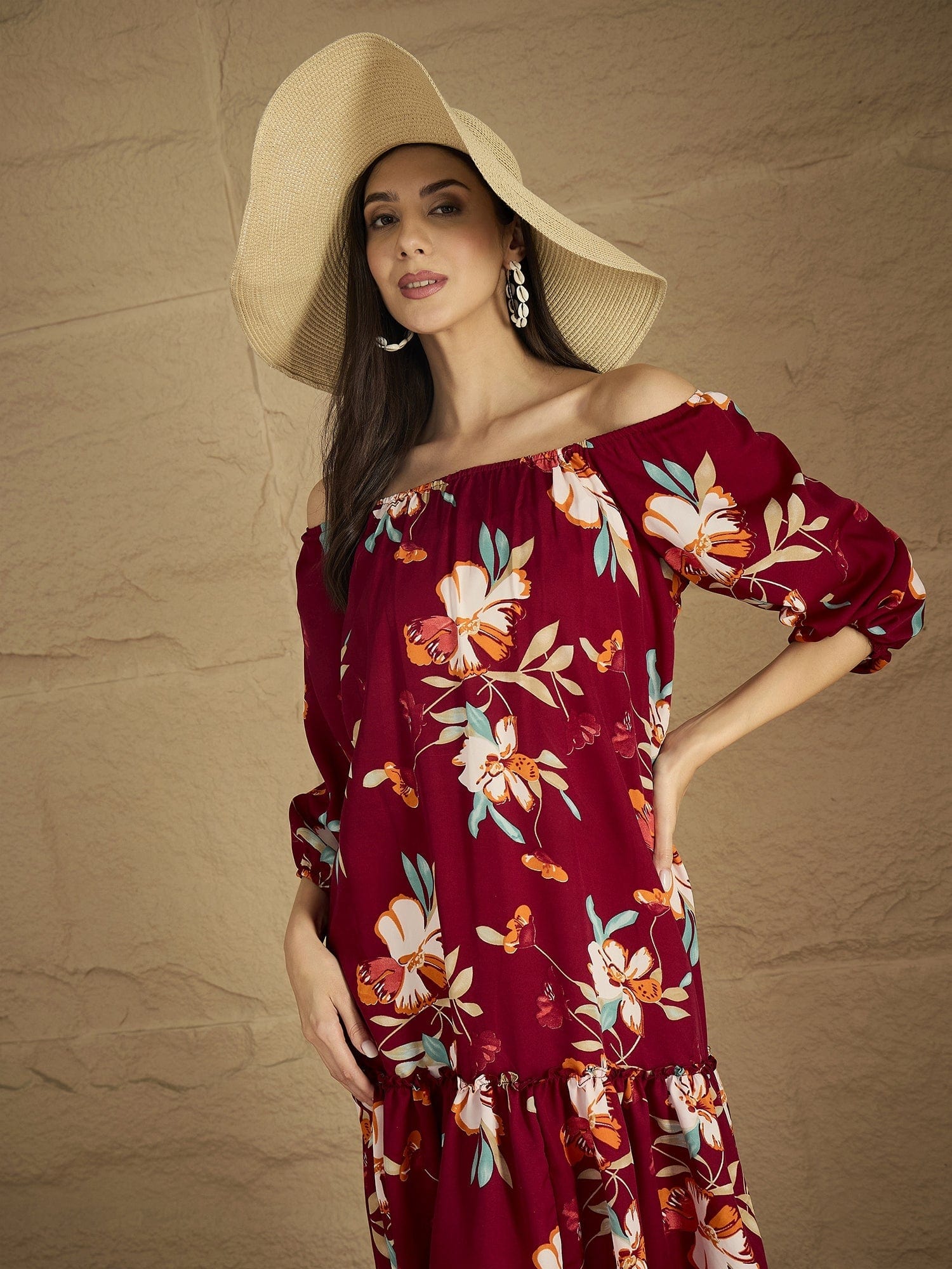 A Bold Floral-Printed Knee-Length Dress With An Elasticated Off-Shoulder Neckline And Balloon Sleeves Perfect For Turning Heads From Brunch To Evening Outings.