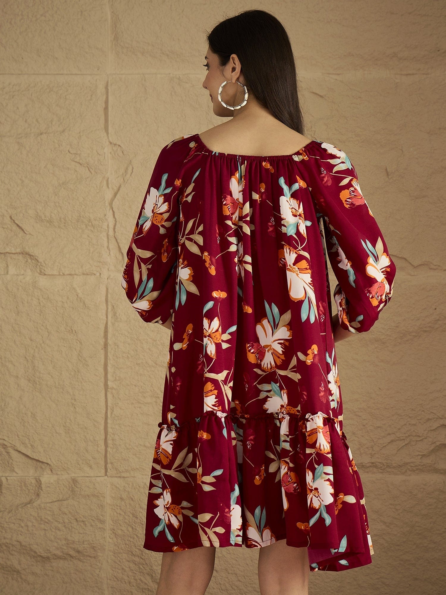 A Bold Floral-Printed Knee-Length Dress With An Elasticated Off-Shoulder Neckline And Balloon Sleeves Perfect For Turning Heads From Brunch To Evening Outings.