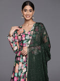 Varanga WomenWomen Green Floral Printed Angrakha Style Anarkali Kurta Paired With Dupatta