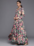 Varanga WomenWomen Green Floral Printed Angrakha Style Anarkali Kurta Paired With Dupatta
